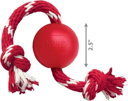 Kong Ball with Rope, Natural Rubber Fetch and Tug Toy, Red, for Small Dogs - Image 4