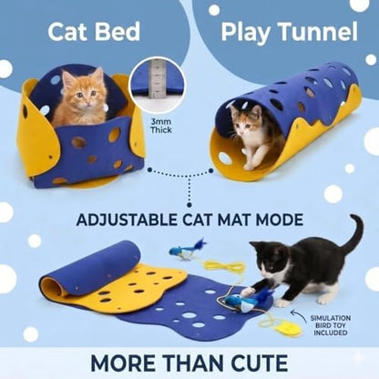 Felt Cat Tunnel and Bed Set, 2-in-1 DIY Foldable, Blue and Yellow, 5mm Thick, with Feather Bird Toy (Blue&Yellow, Large) - Image 2