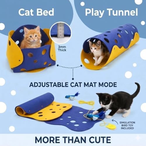 Felt Cat Tunnel and Bed Set, 2-in-1 DIY Foldable, Blue and Yellow, 5mm Thick, with Feather Bird Toy (Blue&Yellow, Large) - Image 2