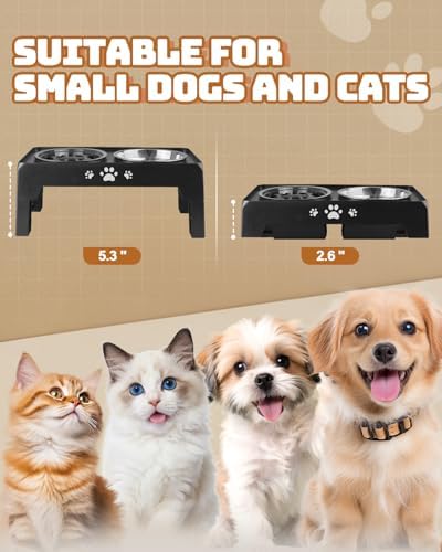 Jovrun Elevated Dog Bowls for Small Dogs and Cats, Non-Slip Cat Bowls with 1*Stainless Steel Dishes & 1*Slow Feeder Bowl, Dog Feeder 2 Heights Adjustable to 2.6"-5.3" - Image 2