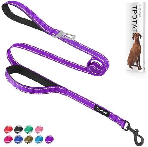 6 Foot Purple Dog Leashes for Large Medium and Small Breed Dogs That Pull,Reflective Nylon Heavy Duty Dog Leash with 2 Comfortable Padded Traffic Handles and Car Seat Belt for Walking and Training by Tpotato