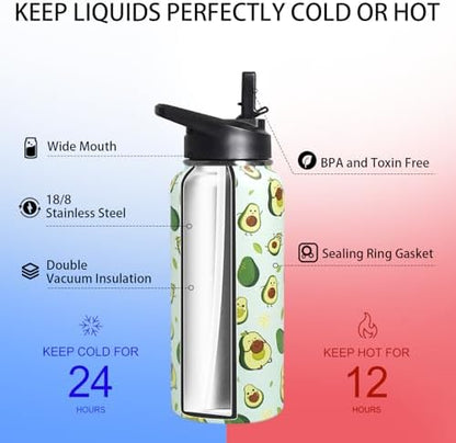 32oz Green Avocado Stainless Insulated Aater Water Bottle with Straw,Green Avocado Gym Hiking Sports Coffee Mug Cup Water Bottles,Avocado Themed Gifts for Women,Avocado Decor Stuff Accessories - Image 4