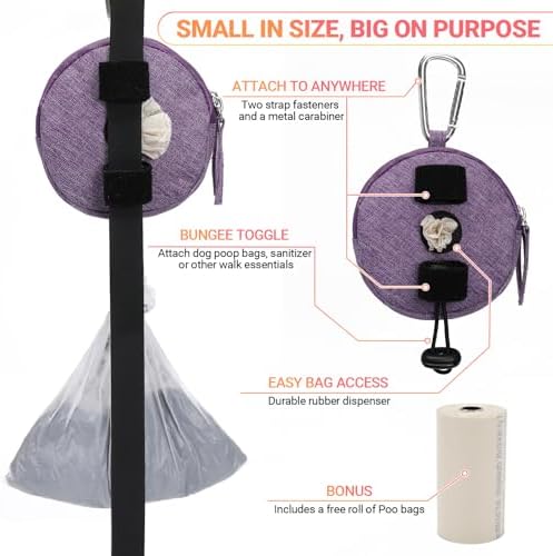 Dog Poop Bag Holder for Leashes- Dog Treat Pouch with Waterproof Zipper,Puppy Training Small Bag with Carabiner & Bungee Toggle,Two Pockets for Dry or Wet Treats-Pet Travel Walking Essentials (Purple) - Image 4