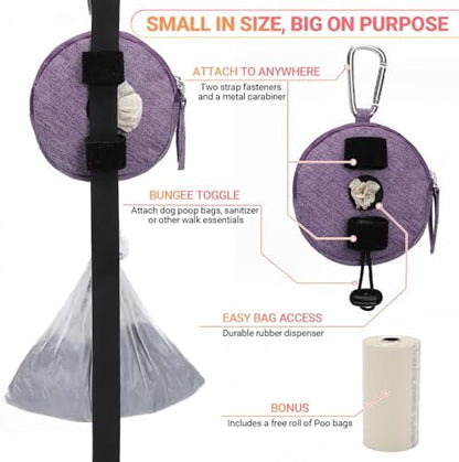 Dog Poop Bag Holder for Leashes- Dog Treat Pouch with Waterproof Zipper,Puppy Training Small Bag with Carabiner & Bungee Toggle,Two Pockets for Dry or Wet Treats-Pet Travel Walking Essentials (Purple) - Image 4