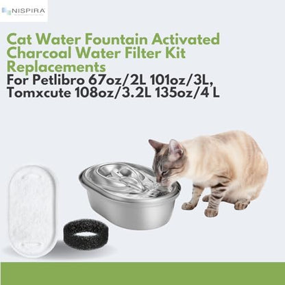 NISPIRA PLWF003 PLWF006 Stainless Steel Cat Water Fountain Activated Charcoal Water Filter Kit Replacements with Spongies For Petlibro 67oz/2L 101oz/3L, Tomxcute 108oz/3.2L 135oz/4 L Pet, 6 Pack - Image 2