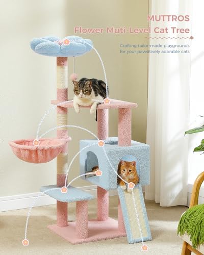 MUTTROS Flower Cat Tree 47.2" Multi-Level Cat Tower with Sisal Covered Scratching Posts, Cute Cat Condo for Indoor Small Medium Cats, Pink Top Perch, Ramp, Fluffy Ball, Blue - Image 6