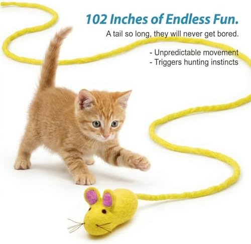 Glaciart One Felt Mouse Cat Toy – Soft Fuzzy Enrichment 100% Natural Wool - Interactive Catnip Play Cat Toy Set - Safe for Pets, Non-AZO Colored Dyes - 100” Long - Image 2