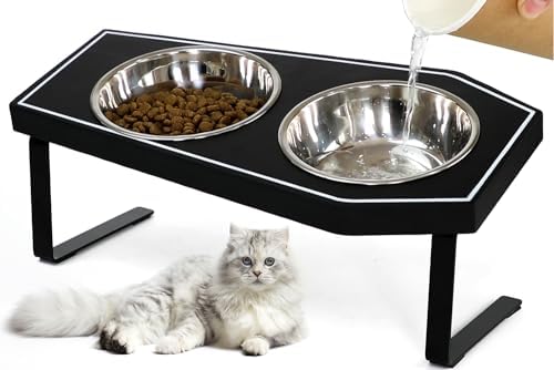 Cat Food Bowls Elevated, Gothic Cat Bowls, Raised Cat Bowls for Indoor Cats with Non-Slip Stand & Wood Board, Stainless Steel and Whisker Friendly Food Bowls by OPELETNNT