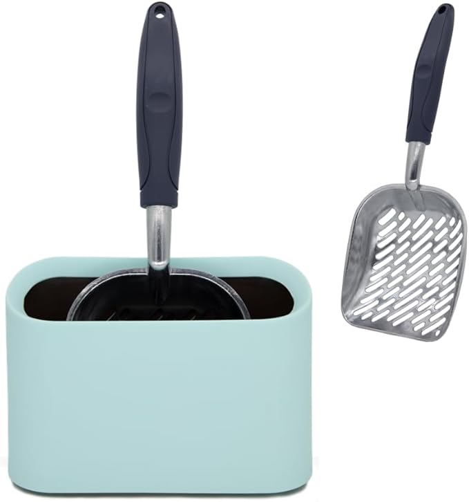 Aluminum Cat Litter Scoop in Holder, Non-Stick Cat Poop Scooper with Holder, Fast Sifting Kitten Poop Lifter and Caddy