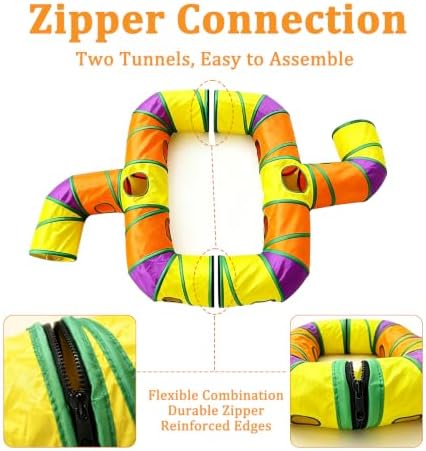 2 in 1 Cat Tunnel Set, Large DIY Free Splicing Cat Tunnels with Zipper, Collapsible Play Tunnel with Teaser Wand and Peek Holes, Interactive Pet Tube for Indoor Cats, Puppy and Rabbits (2 x T Shape) - Image 3