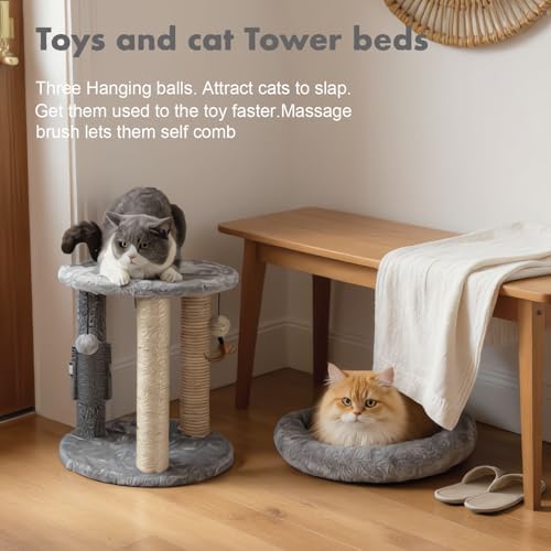 MECOOL 4in1 Small Cat Tree,Scratching Post with Tower Soft Bed, Sisal Carpet Jute Posts with Three Hanging Ball Toys and Massage Brush for Indoor Cats and Kittens - Image 6