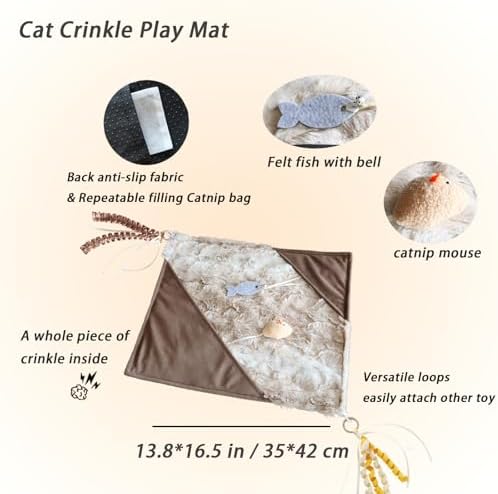 Cat Crinkle Mat with Mouse Toy,14x16" Interactive Cats Play Mat with Catnip - Image 4