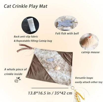 Cat Crinkle Mat with Mouse Toy,14x16" Interactive Cats Play Mat with Catnip - Image 4