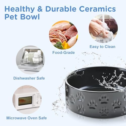 SPUNKYJUNKY Ceramic Dog and Cat Bowls 2 Pack, 5.1'' Dog and Cat Food Water Double Feeding Bowls Non-Slip for Cats and Puppy Small Sized Breed Dogs Microwave Dishwasher Safe - 13.5 OZ, 2pcs, Paw Black - Image 5