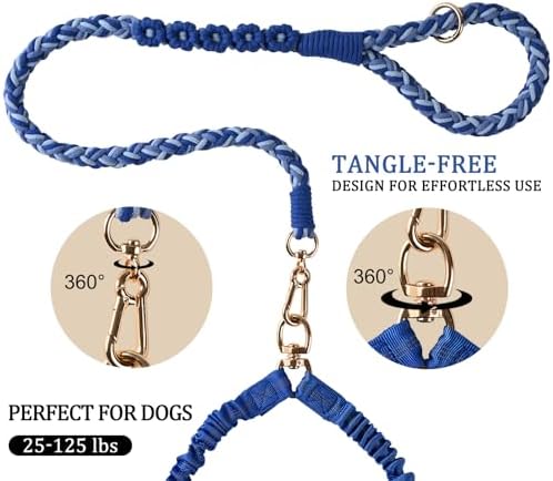 Double Dog Leash – Tangle-Free Dual Leash with 360° Swivel, Shock Absorbing Bungee, Reflective Stitching & Hand-Braided Main Rope (Supports Up to 440 lbs, Blue) - Image 2