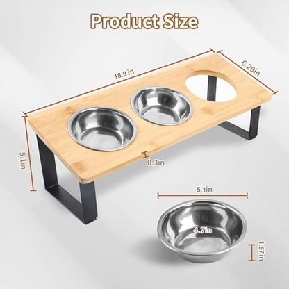 Elevated Cat Bowls, Raised Cat Food Bowls, 15°Tilted Stainless Steel Cat Bowls for Indoor Cats, Anti Vomit, Bamboo, Stand with 3 Feeder Bowls for Cats and Puppy - Image 7