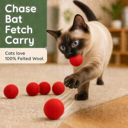 Wool Cat Toys - Felt Cat Toy Balls for Small Pet Fetch and Play - Eco Friendly Quiet Wool Ball Cat Toy for Cats and Kittens - Choose Your Colors 6PCS (Red) - Image 2