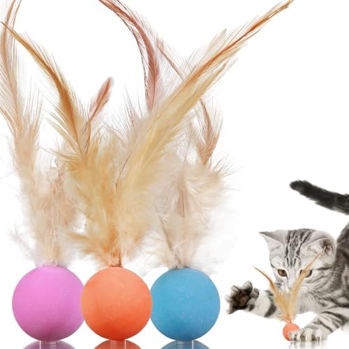 Cat Toy Ball with Feathered Tail for Indoor Cats, 3-Pack by Unknown