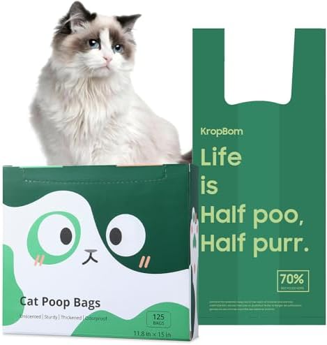 125 Count Cat Poop Bags with Handles, Disposable Litter Bags for Pet Poop, Extra-Thick Kitty Cat Waste Bags Easy Tie Leak-Proof Strengthen Unscented (Made of 70% Recycled Plastic) by KropBom