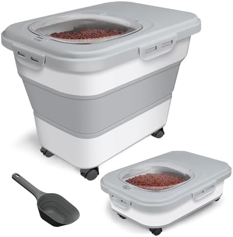 TIOVERY Dog Food Storage Container, 10-20lbs Collapsible Dog Cat Food Containers with Airtight Clear Flip-top，Rolling Wheel and Pet Food Scoop, Pet Food Storage Container Bin for Dog Cat Bird Pets by TIOVERY