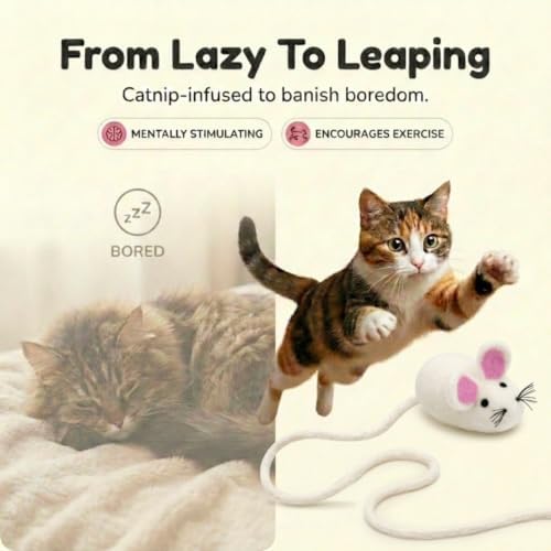 Glaciart One XXL Felt Mouse Cat Toy – 6” Body + 98” Tail – Large Cat Enrichment Toy – 100% Natural Wool with Catnip – Interactive Teaser for Big Cats – Safe Non-AZO Dyes - Image 6