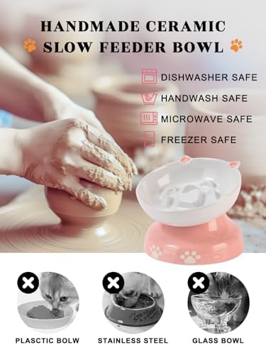 Y YHY Ceramic Slow Feeder Cat Bowl, Elevated Cat Bowl Tilted Design Slow Feeder for Dog and Cat for Dry and Wet Food, Pink - Image 6