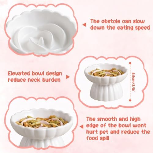 Ceramic Raised Slow Feeder Cat Bowl with Lick Mat, for Indoor Cats and Small Dogs Like Chihuahua, French Bulldog, Poodle,Anti Vomiting for Dry and Wet Food-White Bowl+Lick Mat - Image 3