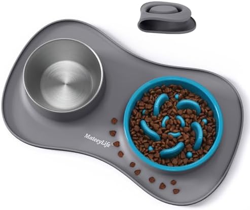 MateeyLife Dog Food and Water Bowl Set 3 in 1, Slow Feeder Dog Bowls & Stainless Steel Water Bowl with Non-Spill Silicone Mat, Cat and Puppy Bowls Pet Dishes for Small Medium Large Breed Anti-Choking by MateeyLife
