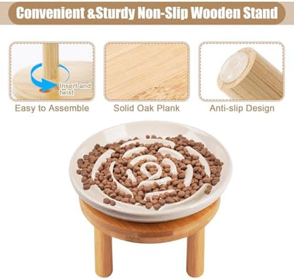 Elevated Slow Feeder Cat Bowls, Ceramic Cat Slow Feeder Bowl with Bamboo Stand, 5.9 Inch Wide Shallow Cats Bowl Whisker Friendly, Anti Vomiting Puzzle Feeder for Dry or Wet Food Dishwasher Safe - Image 2