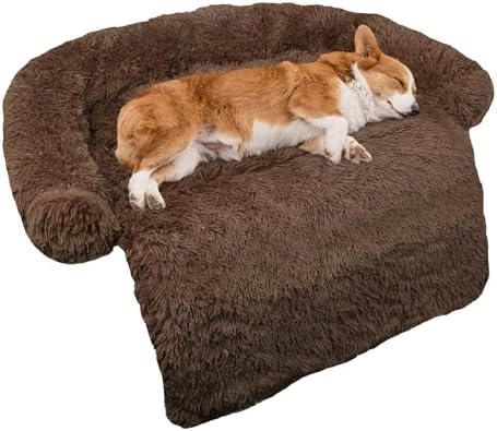 GGIB Calming Dog Bed Fluffy Plush Dog Mat for Furniture Protector with Removable Washable Cover for Large Medium Small Dogs and Cats (Medium, Coffee) by GGIB