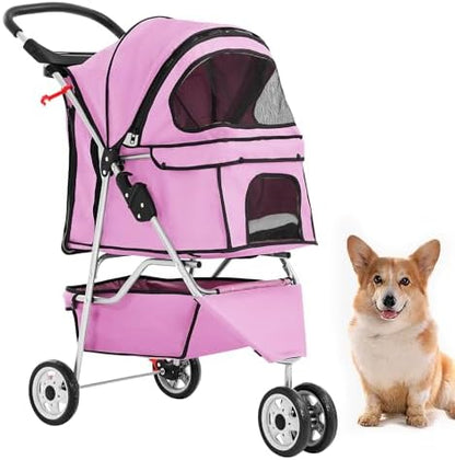 BestPet 3 Wheels Pet Dog Stroller Cat Cage Jogger Stroller Cats Travel Folding Carrier Waterproof with Cup Holder & Removable Liner,Pink by BestPet