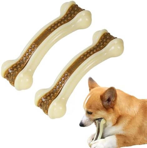 Dog Bones for Aggressive Chewers, 2 Pack Real Beef Flavor Puppy Teething Toys for Medium/Small Breed Dogs, Durable Nylon Dog Chew Toys by Geeyteek