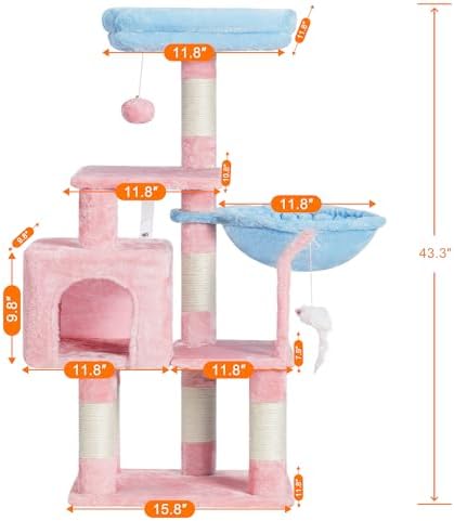 Heybly Cat Tree with Toy, 43.3 inch Cat Tower condo for Indoor Cats, Cat House with Padded Plush Perch, Cozy Hammock and Sisal Scratching Posts, Blue and Pink HCT004SBP - Image 3