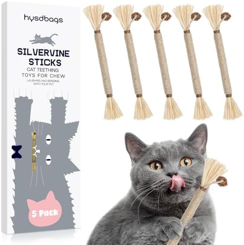 5 Pack Silvervine Sticks Cat Toys, Natural Chew Kitten Teething Toys for Cleaning, Matatabi Catnip Treat Toys, Catmint Silver Vine Sticks for Bored Indoor Kitty by HYSDBAGS