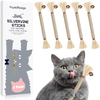 5 Pack Silvervine Sticks Cat Toys, Natural Chew Kitten Teething Toys for Cleaning, Matatabi Catnip Treat Toys, Catmint Silver Vine Sticks for Bored Indoor Kitty by HYSDBAGS