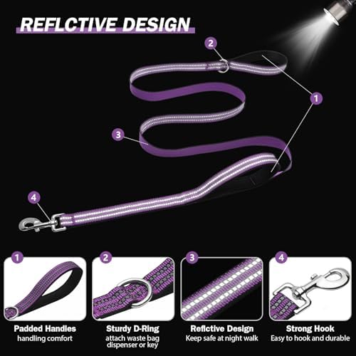 Hikiko 6FT Double Handle Traffic Dog Leash Reflective,Purple - Image 5