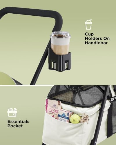GTPLAYER Foldable Pet Stroller for Small Dogs & Cats up to 33 lbs, Pet Stroller with 360° Swivel Lockable Front Wheels, Rear Brakes, Safety Tethers, Breathable Mesh, Cup Holder, Lime Green - Image 6