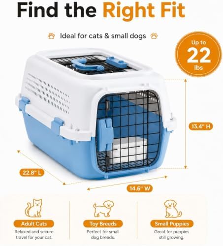23" Airline Approved Cat Carrier Hard Shell, Dual-Entry Pet Carrier with Top & Front Doors, Detachable Food Bowl & Secure Lock, Breathable Dog Carrier for Cats & Small Dogs Up to 22 lbs - Blue - Image 2