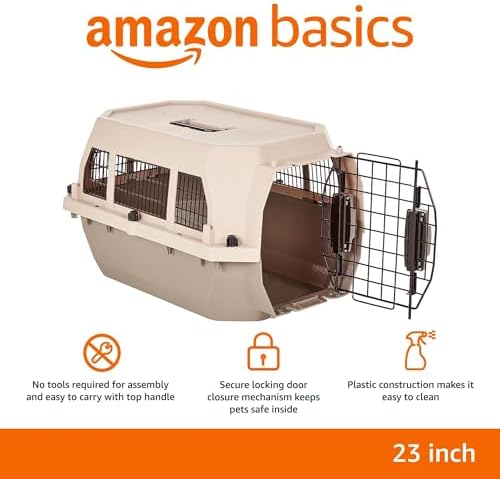 Amazon Basics Hard-Sided Dog and Cat Kennel, Single-Door Travel Pet Carrier with Metal Wire Ventilation, 23.6"L x 15.7"W x 13"H, Beige - Image 2
