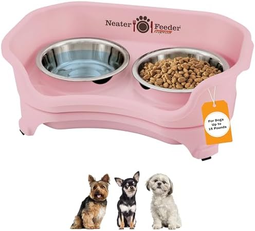 Neater Feeder Express Mess Proof Dog Bowls Elevated for Small Breeds Under 15 Lb, Made in USA, No Spill Raised Dog Food Bowl Stand, Stainless Steel Food and Water Bowl Set, Feeding Station, Pink by NeaterPets