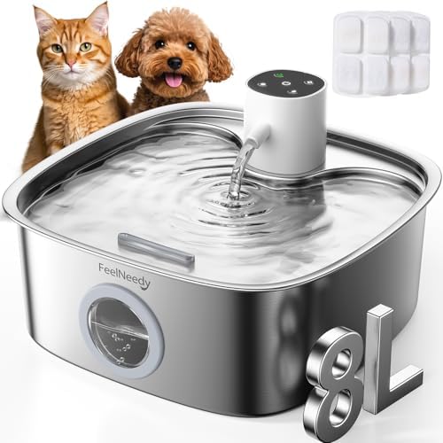 Cordless Wider Tray Dog Water Fountain, 5000mAh Battery Operated Dog Water Bowl Dispenser with 3 Motion Sensor, FEELNEEDY Stainless Steel Pet Water Fountain for Multi-Pets, Easy Setup & Clean, 8L by FEELNEEDY