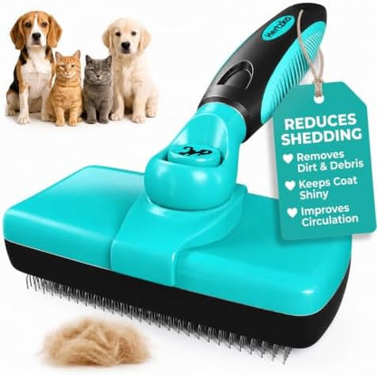 Hertzko Dog Brush for Shedding - Self Cleaning Slicker Brush for Dogs and Cats - Gently Removes Loose Hair, Tangles, and Dirt - Grooming Comb Suitable for Long or Short Coats - Aqua by Hertzko