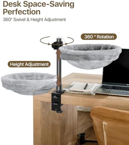 Cat Desk Bed, Cat Hammock for Home Office, 360°Rotating & Adjustable Shelf, Removable Comfortable Soft Pet Nest Bed, Modern Unique Kitten Furniture Attachment for Game Tables, Grey - Image 3