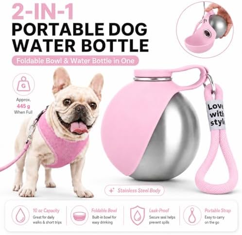 Portable Pet Dog Water Bottle with Silicone Collapsible Bowl, 10 oz Pink - Image 2