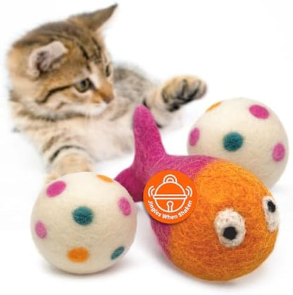 Love Ewe Wool Cat Toys 3 Pack, 3in Fish with Bell & 2in Ball by HustleBlush