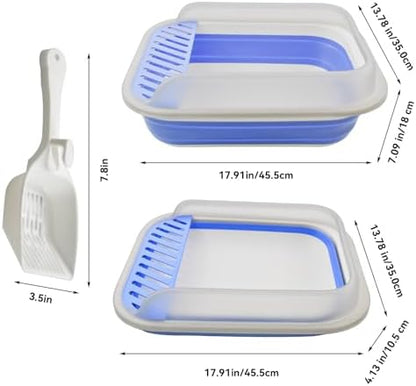 High Sided Cat Litter Box, Anti-Splashing Low Entry Cats Litter Pan with Scoop Collapsible Foldable Shallow Kitten Potty Toilet Waterproof Cat Travel Litterbox Semi-Enclosed Easy Clean(Blue) - Image 2