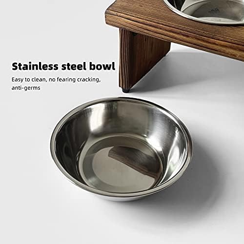 Elevated Cat Bowls, Wooden Raised Cat Bowl Stand with 2 Stainless Steel Bowls, 14.56 x 7 Inch Pet Feeding Station, Double Food and Water Bowls for Cats and Small Dogs - Image 4