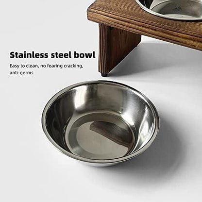 Elevated Cat Bowls, Wooden Raised Cat Bowl Stand with 2 Stainless Steel Bowls, 14.56 x 7 Inch Pet Feeding Station, Double Food and Water Bowls for Cats and Small Dogs - Image 4