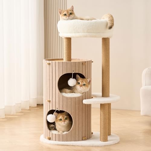 Modern Cat Tree for Indoor Small & Medium Cats, 36" Cat Tower with Scratching Posts, 2 Cozy Cat Caves, Top Perch, Dangling Balls, Washable Cushions, Space-Saving Cat Condo, Brown by Kicari