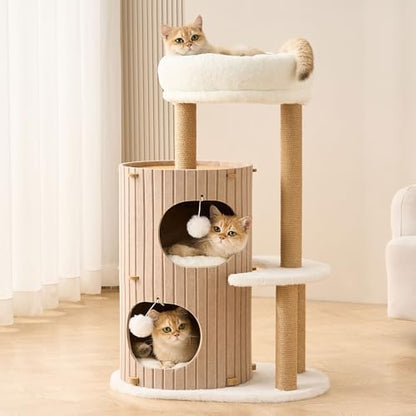Modern Cat Tree for Indoor Small & Medium Cats, 36" Cat Tower with Scratching Posts, 2 Cozy Cat Caves, Top Perch, Dangling Balls, Washable Cushions, Space-Saving Cat Condo, Brown by Kicari